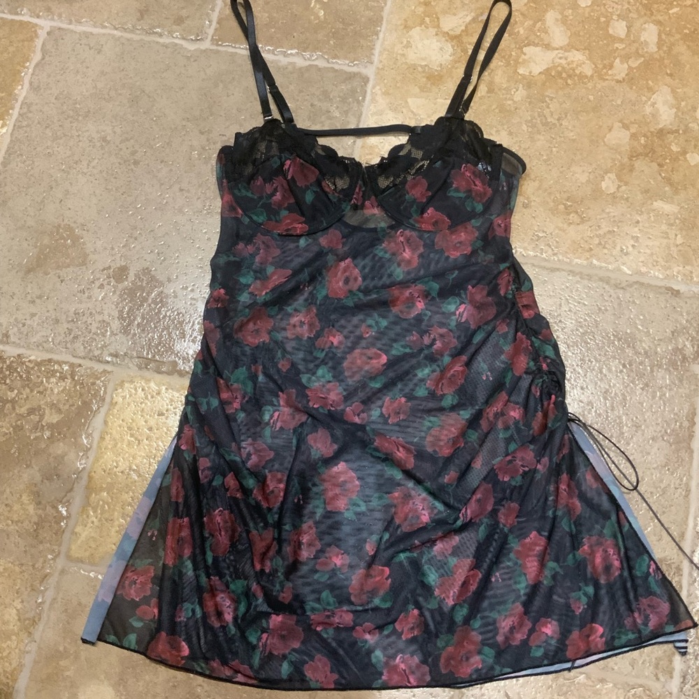 Black and Red Floral Sheer Chemise with Sweetheart Neckline